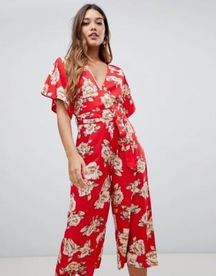 custom make V neck tie waist floral jumpsuit for girls