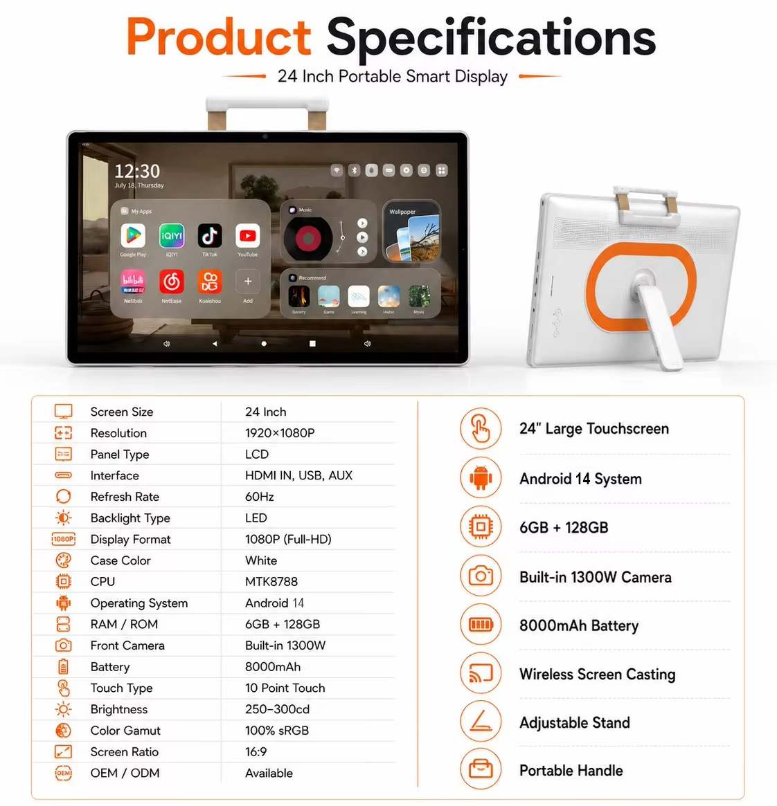 Kinstone New Arrival 24 inch desktop portable touch tablet Android mobile TV