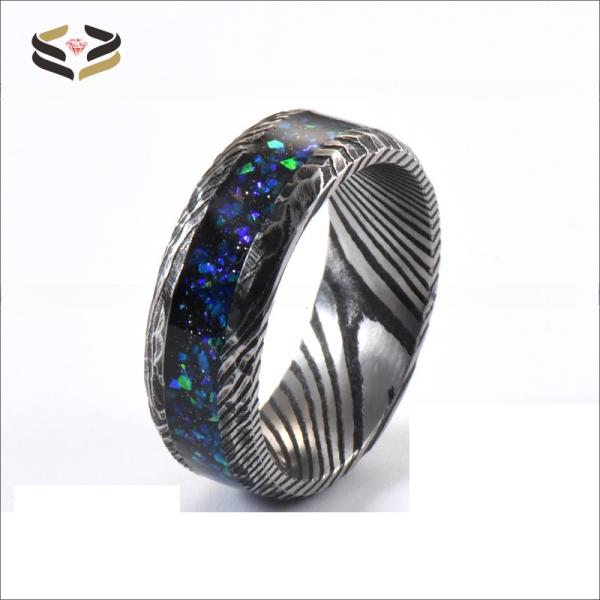 Anillo de boda de acero de Damasco de 8 mm, galaxia ópalo con incrustaciones para hombres