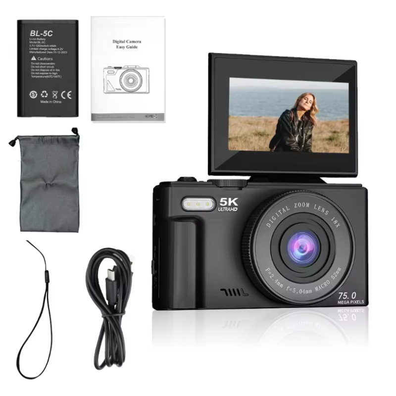Compact Vlogging Camera 75MP 5K Digital Camera with AI Smart Face Tracking 180° Flip Screen 18X Zoom WiFi Auto Focus Vlogging