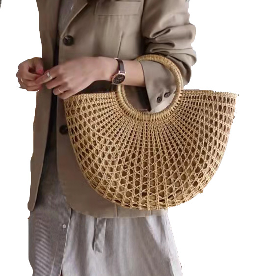 Natural Hemp Crochet Beach Tote Bag , woven rattan handbag With Cloth Inner