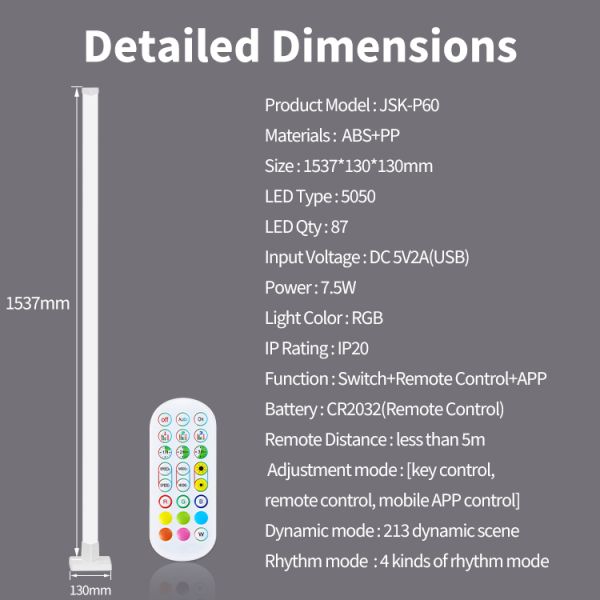 LED Light Source RGB Modern Floor Lamp Multi Color Smart Corner Lighting Music Sync Dimmable Remote App Control White Shade