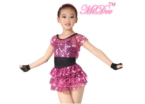 Magenta Jazz Tap Costumes Full Sequin Black Spandex Leotard For Little Girls