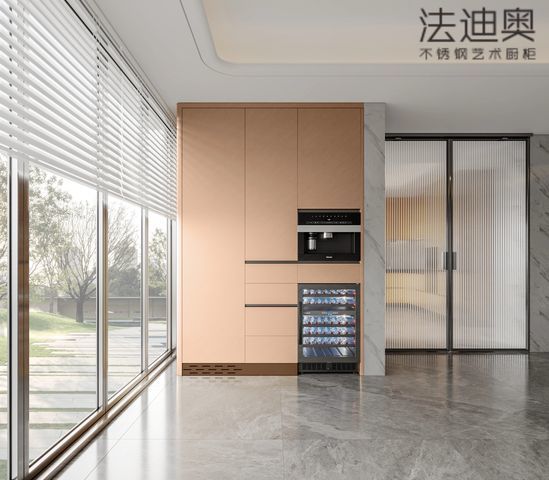 Armoire de cuisine Fadior en acier inoxydable - Ton beige, agencement en îlot, quincaillerie de qualité supérieure et rangement personnalisé