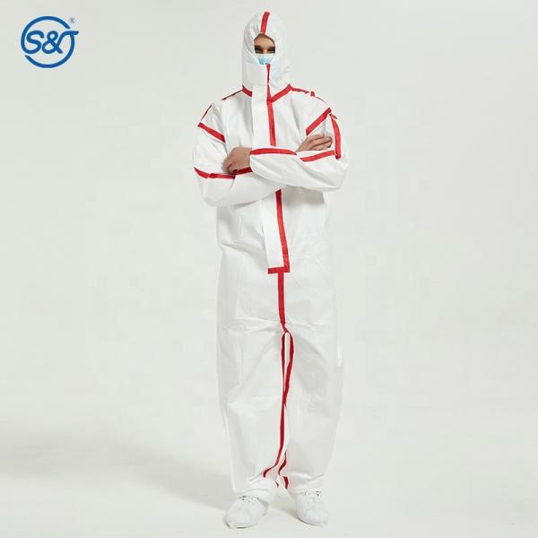 S&J Disposable Coverall with Hood Protection Suit Elastic Wrist Cuff Front Zipper, Water Resistant Premium Type5/6 coveralls