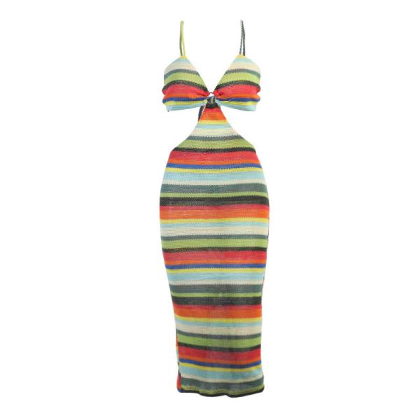 European and American sexy colorful striped hollow halter beach holiday suspender dress