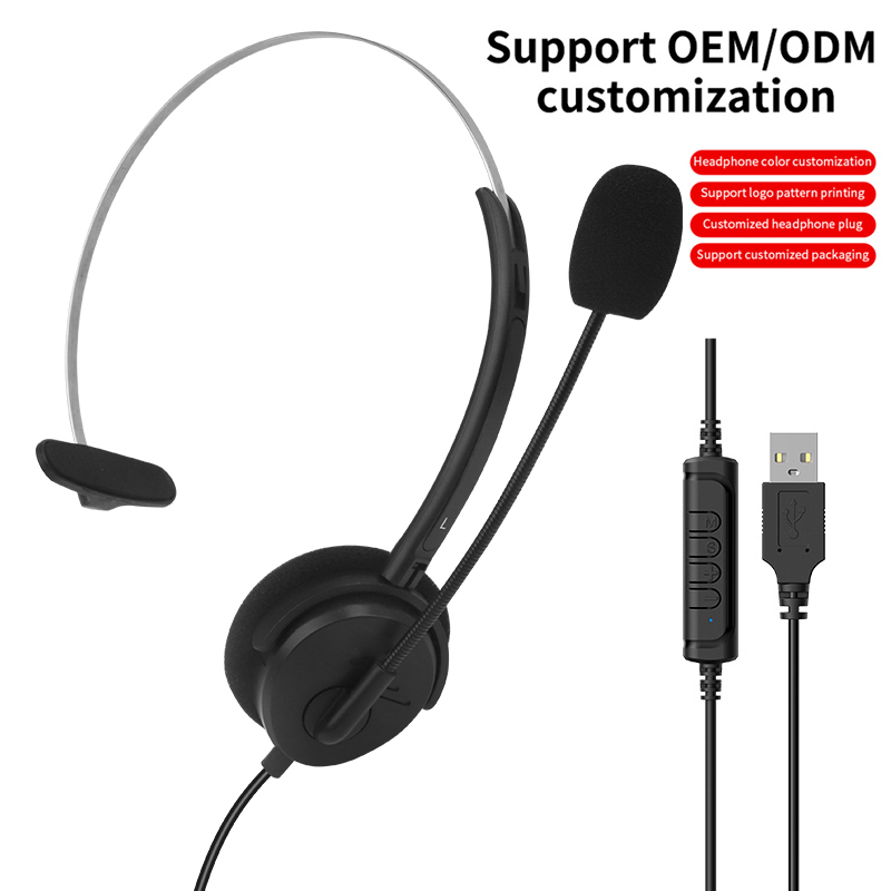 USB head mounted wired single ear headphones with high-definition call