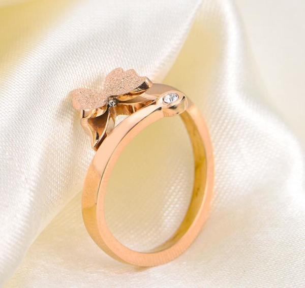 Rose Gold Butterfly Rings for Girl Diamond Finger Ring for Lady Stainless Steel Frosted Gold Ring