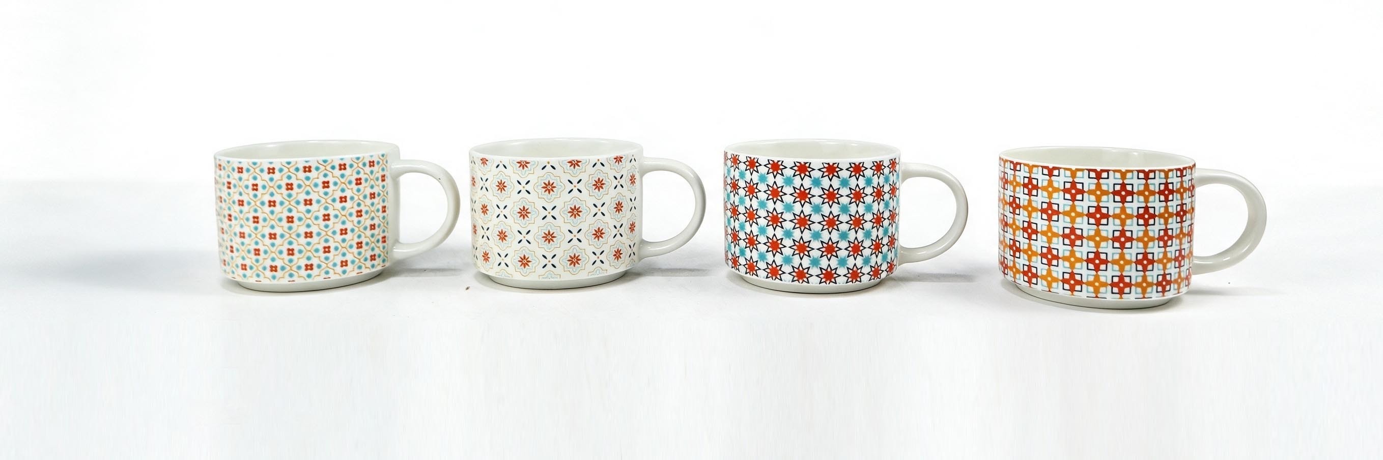 8‑Piece Geometric Pattern Short Ceramic Mug Set, Moroccan‑Style Coffee Cups