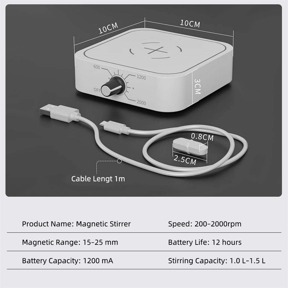 Mini Magnetic Stirrer, USB‑Charged Portable Liquid Mixer, Adjustable Speed 200‑2000 RPM, 1.0‑1.5L Capacity, Low‑Voltage Lab Magnetic Mixing Equipment