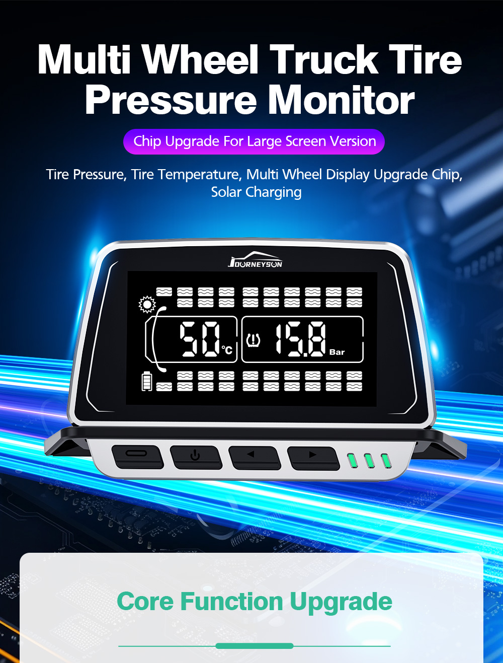 JYS TPMS Wireless Truck Tire Pressure Monitor Solar Powered Large Screen Real-Time Temperature Alarm G01 Model >12V 1 Year High