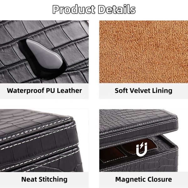 4 Slot PU Leather Watch Glasses Storage Box Organizer Magnetic Closure Crocodile Texture