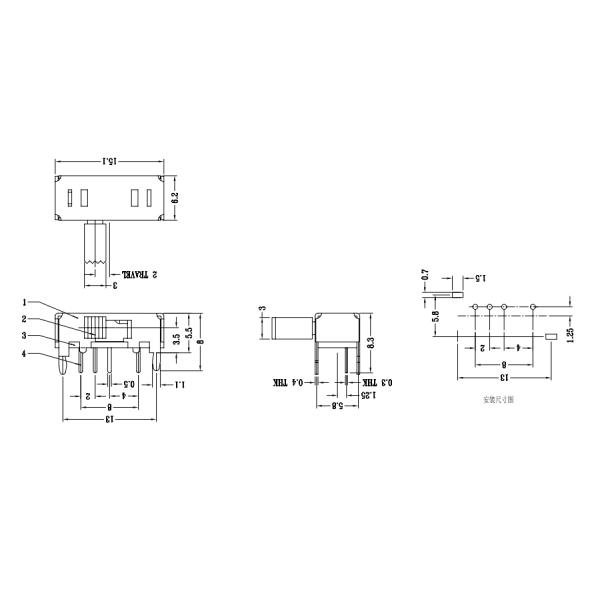 Миниатюрный горизонтальный переключатель скольжения 1P3T DC50V 0.5A