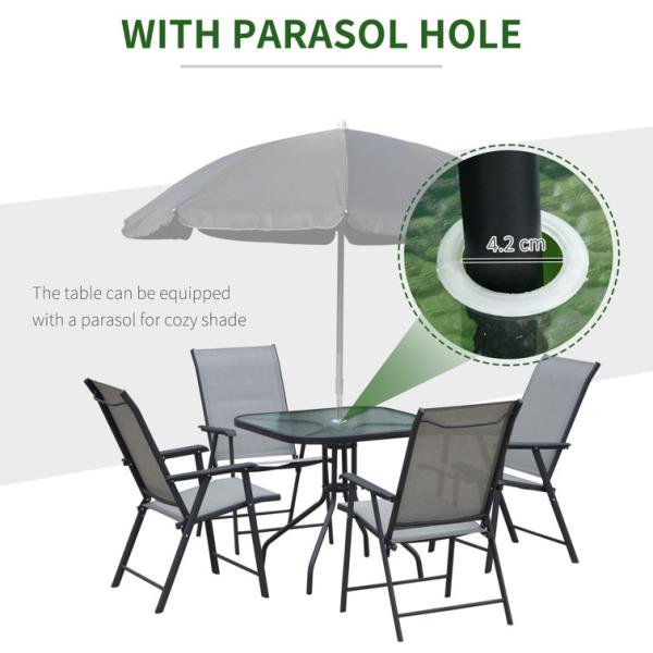 Foldable Armchair Patio Furniture 4 Seater Dining Set with Glass Top and Umbrella Hole
