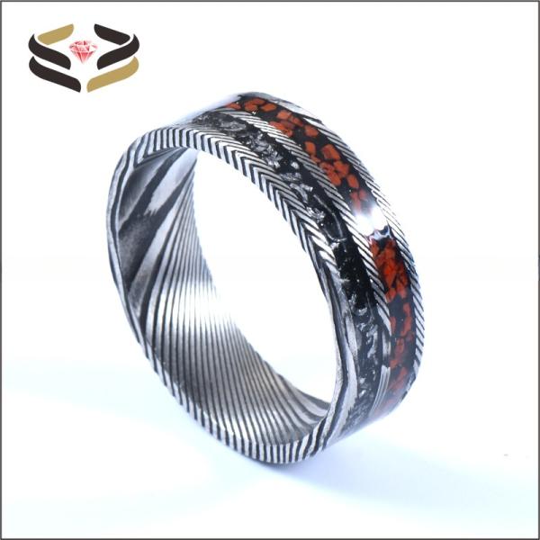 Round Flat Men Damascus Steel Wedding Bands 8mm With Meteorite And Dinosaur Bone Inlay