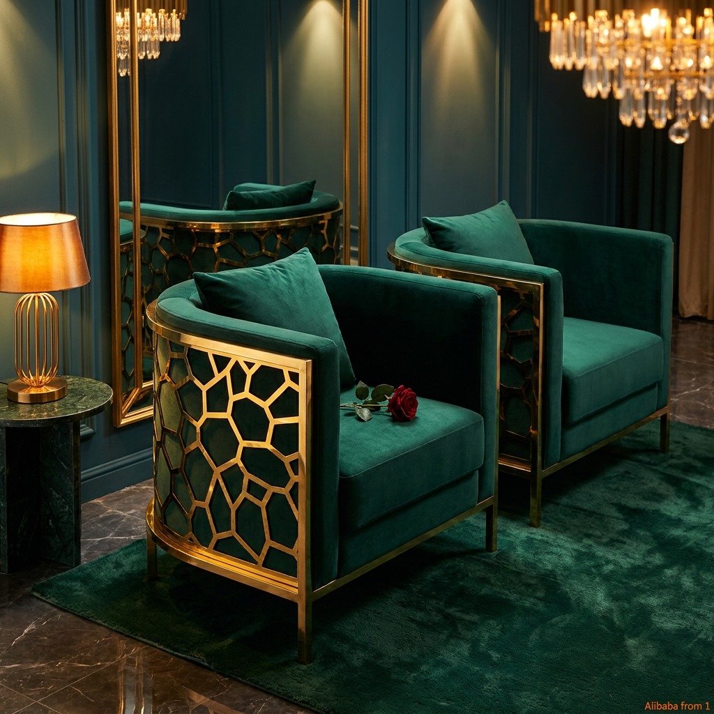 WENDING Emerald Green Velvet Honeycomb Barrel Armchair Pair – Gold Frame Hotel VIP Chair