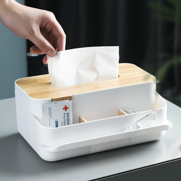 Removable White Plastic Tissue Box Cover PS Rubber Wood