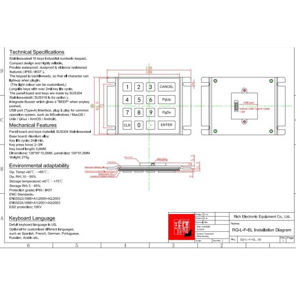 IP65 / IK07 Waterproof Dustproof USB interface Stainless Steel 16 Keys Backlit Keypad Industrial Numeric Keypad Rear Panel Mounted -40℃