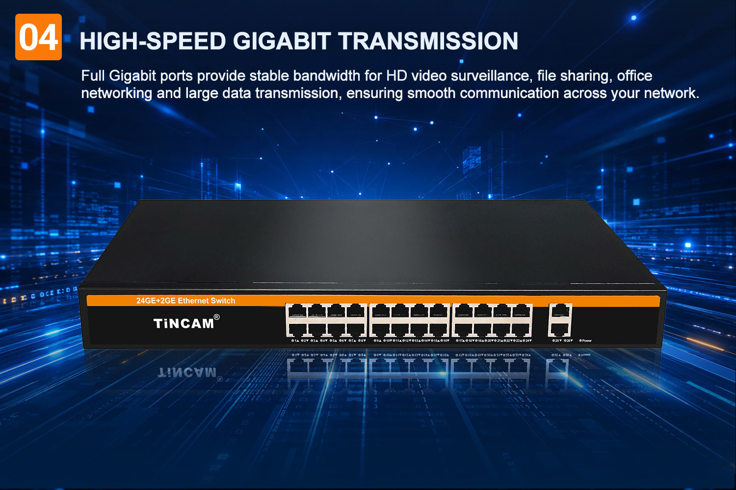 26 Port Gigabit Ethernet Switch 24 x Gigabit RJ45 Ports + 2 x Gigabit Uplink Ports 1U Rack Mount Unmanaged Network Switch TBC-S5024U-2G