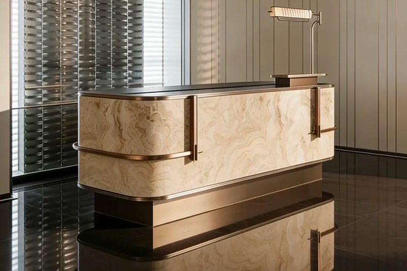 Luxury Pink Onyx Marble Reception Desk with Bronze Metal Trim and Curved Design for Salon Front Counter