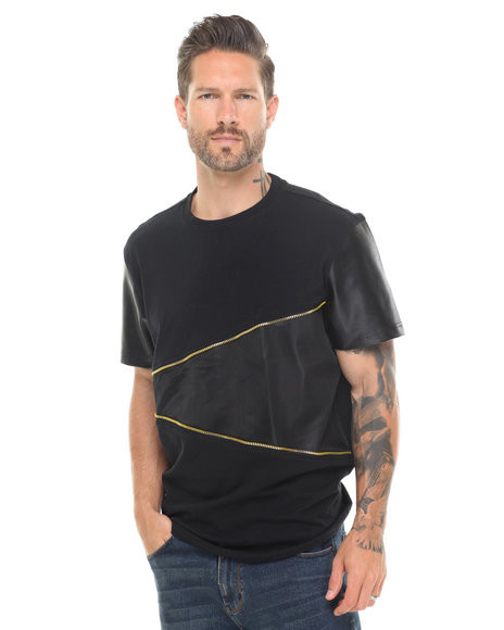 New 2017 men tshirt with zipper and leather contrast plain no brand t-shirt
