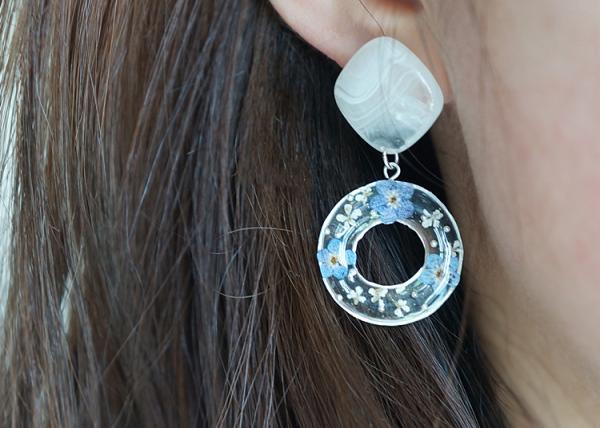 Forget-Me-Not Handcrafted Blue White Cube Single Stone And Germany Resin Ring Earrings For Christmas