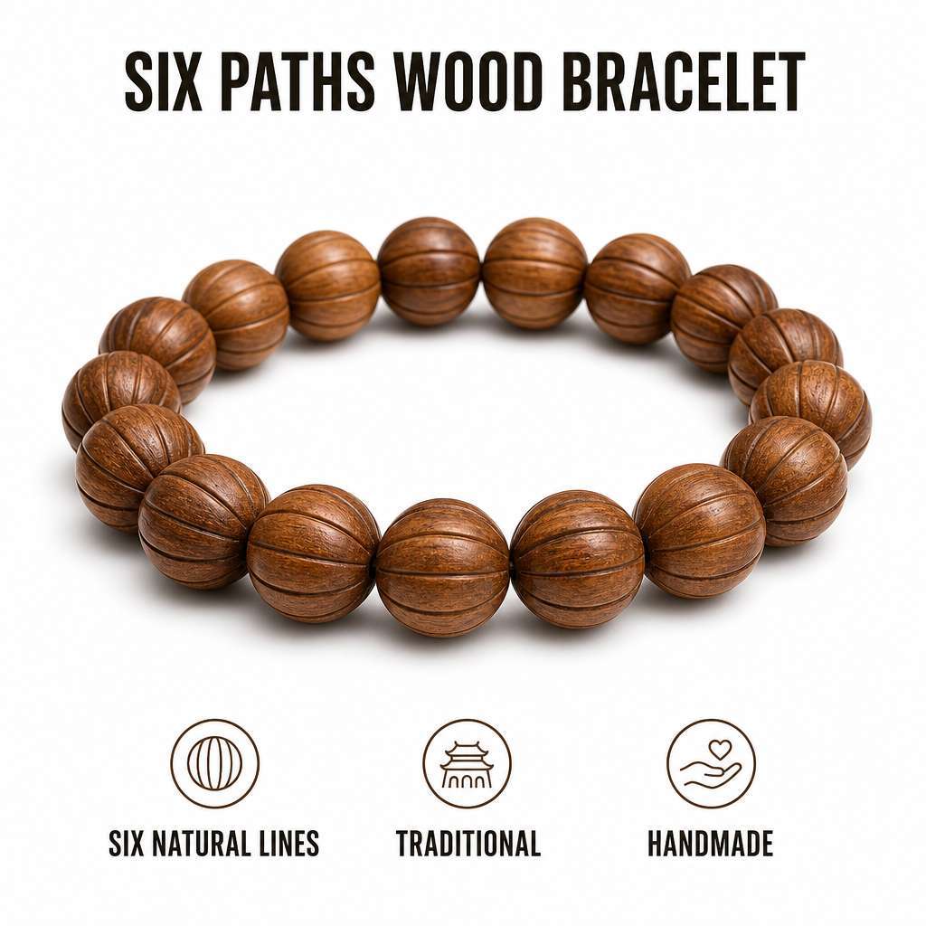Hand-Polished Natural Six Paths Wood Taoist Bracelet with 14 Beads for