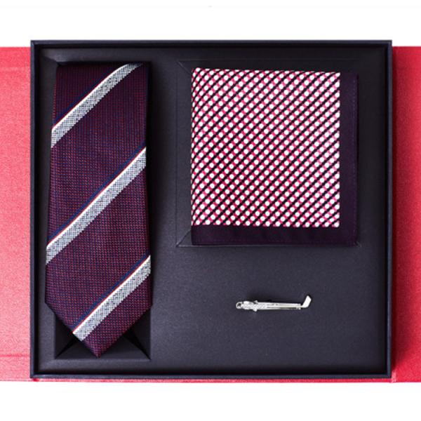 Silk Yarn Dyed Navy Blue Business Ties For Men Jacquard 100% Silk Tie Handkerchief Cufflink And Necktie Gift Box Tie Set