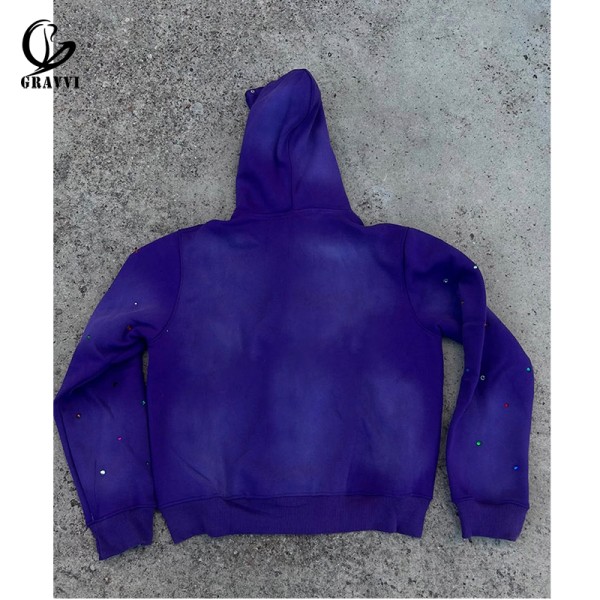 Red Rhinestone Zip Up Hoodie Oversized With Stud Detail For Men
