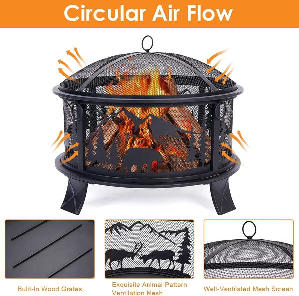 Round Metal Fire Bowl Outside Metal Barbecue Fire Pit With Spark Screen Fire Poker