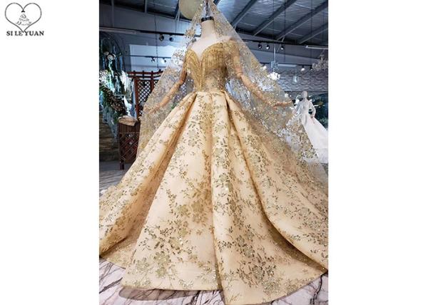 Gold Unique Vintage Prom Dresses Beads Tassels Heart Shaped Bust Shiny Lace