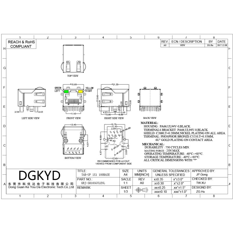 10/100 BASE Ethernet RJ45 Modular Jack With Transformer and Through Hole Mount