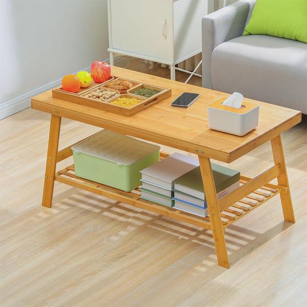 50x100x48.5cm Mesa de café de bambu de duplo nível com prateleira de armazenamento aberta para sala de estar