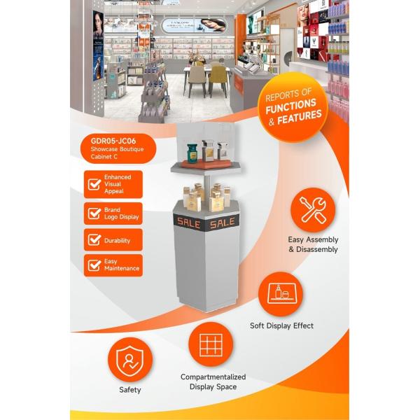 GDR05-JC06 Beauty Display Rack with 40mm Iron Round Tube and 5mm Transparent Glass Cover for Mall Promotion Area