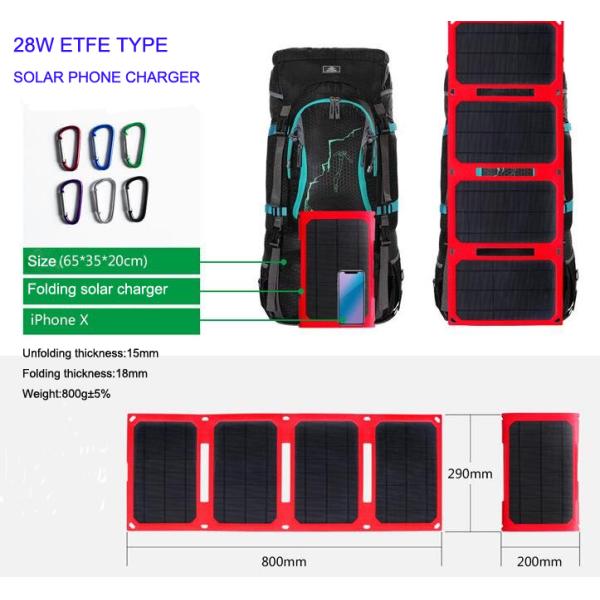 Panel solar portátil IPX5 a prueba de agua 28w Super Slim ETFE USB cargador solar