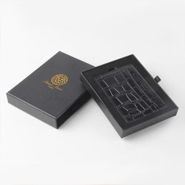 Papel de textura negra premium personalizada Sets de cartón rígido de cartón para hombres Plazo de billeteras de regalo con logotipo de aluminio de oro