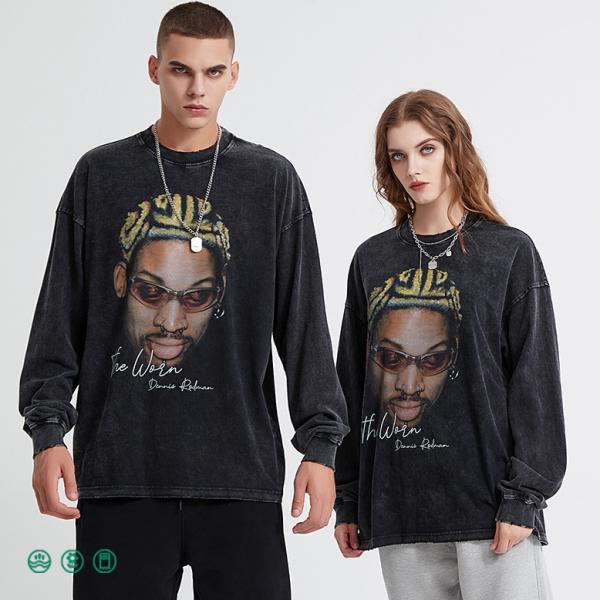 Men'S Hip Hop Acid Wash Crewneck Sweatshirt Athletic Black Distressed Vintage T-Shirt Terry Fabric