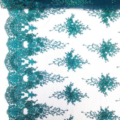 Green Color Teal Spirit Floral Bridal Beaded Lace Fabric On Mesh 100% Polyester