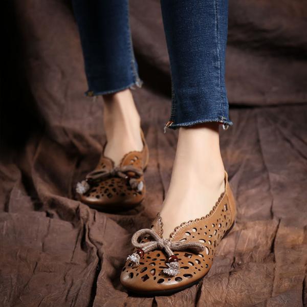 S414 New Style Women'S Shoes Hollow Retro Sweet Flat Bottom Women'S Shoes Bowknot Soft Sole Shoes Manufacturers