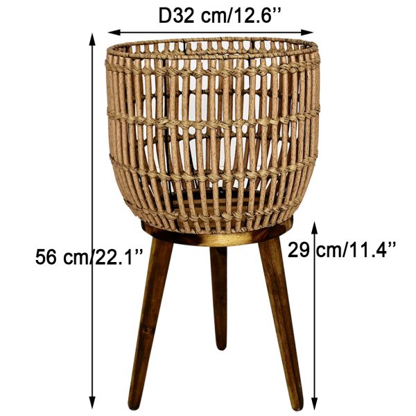 Factory Direct Sale Metal Frame Wooden Legs  PE Rattan Artificial Weaving Popular Flower Stand with Wooden Base