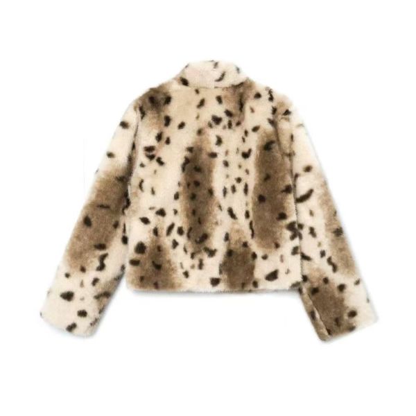 Retro Faux Leopard Fur Long Sleeved Stand Up Collar Short Jacket