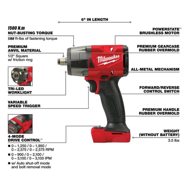 1500N.M Milwaukee Impact Wrench 1/2Inch Brushless Power Tools Mid Torque