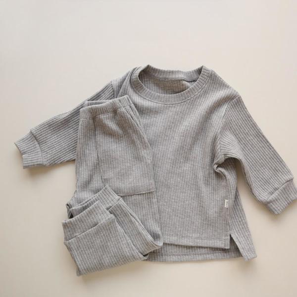 Children'S Toddler Ribbed Long Sleeve Trousers Solid Colour