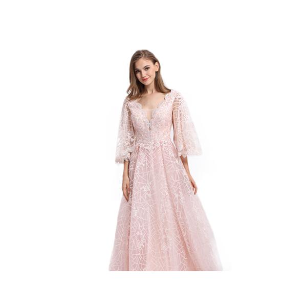 V Neck Pink Half Sleeve Prom Dress , Organza Evening Dresses With Sleeves