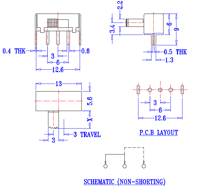 Переключатель тактичности кнопки Pin положения 3 DC12V 50mA 1P2T 2 горизонтальный