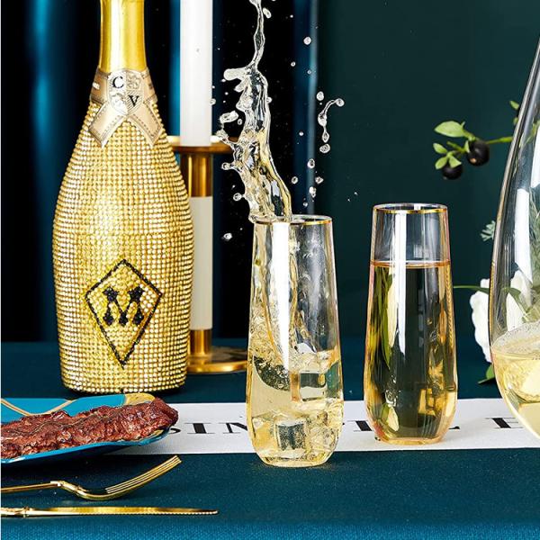 Gold Rim Shatterproof Stemless Wine Glasses 9oz Disposable Champagne Cups