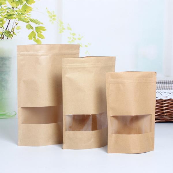 Standing Up Food Grade Brown Kraft Paper Zipper Poly Bags with Clear Window