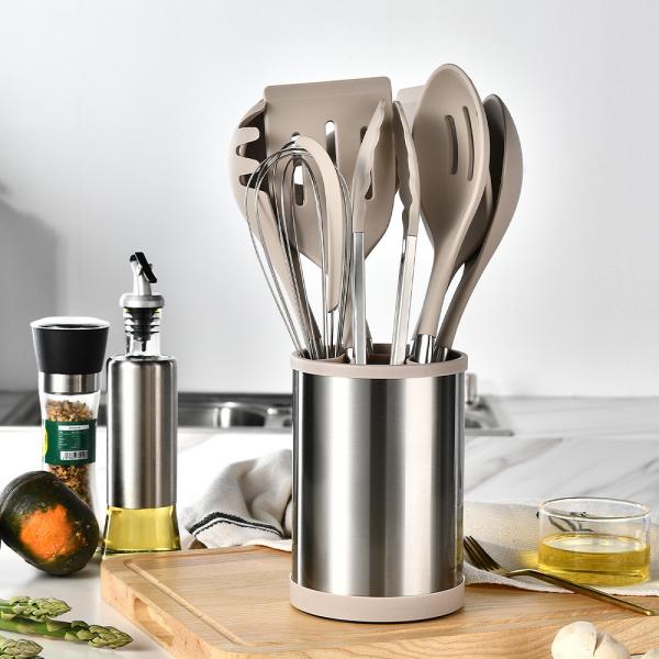 9pcs Silicone Cooking Kitchen Utensils Set Nonstick Cookware with Stainless Steel Handle Turner Tong,Spatula,Spoon brush