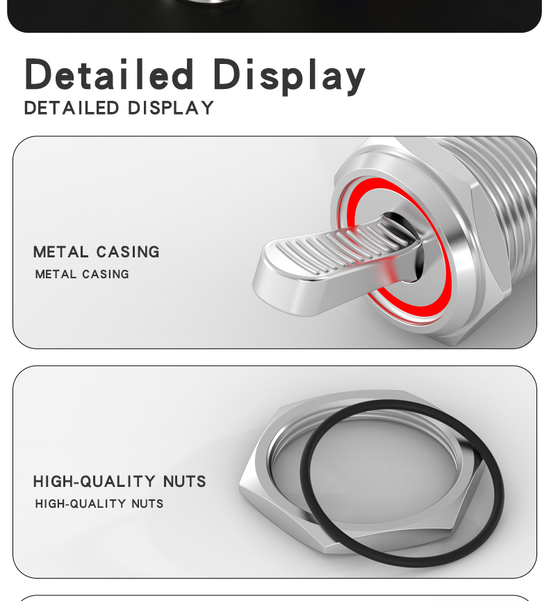 10A high-current rocker toggle switch with 2-speed and 3-speed self-locking, with light, metal, black with dual-color knob