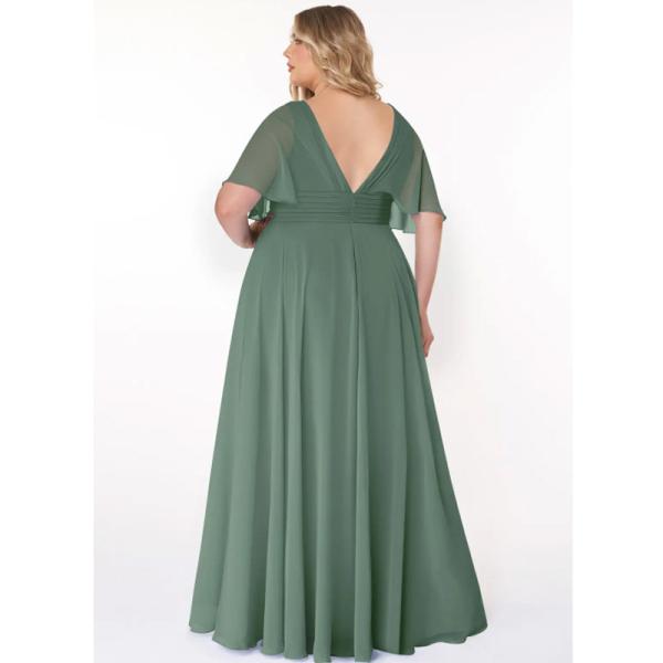 Vintage Elegant A-Line V-Neck Pleated Chiffon Floor-Length Bridesmaid Dress V-back Short Sleeves Pleated
